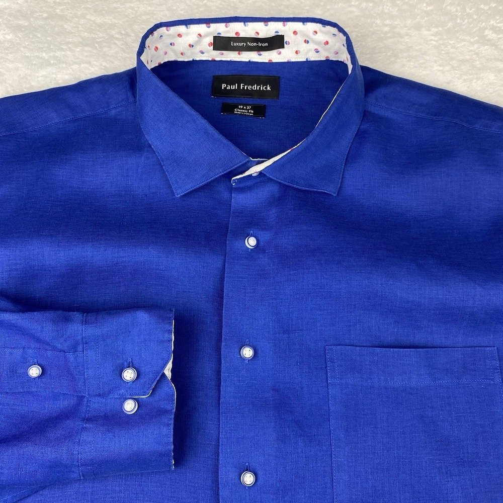 Paul Fredrick Shirt Mens 19-37 Blue 100% Linen Classic Fit Luxury No Iron